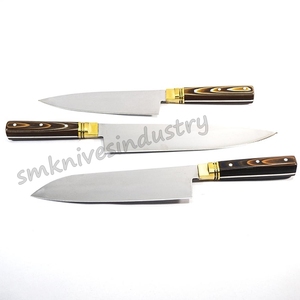 Juego de cuchillos de Chef de cocina de 03 piezas modernos hechos a mano, hoja de Damasco de acero inoxidable, acero al carbono afilado, carne, madera, cuero, rollo de madera - Product Image 3