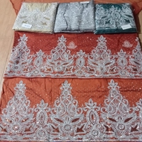 Kain George Afrika Kelas Atas Hijau Mewah Berhias Manik-Manik Berat untuk Gaun Elegan Bahan Sutra Premium