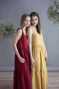 Vestido de lino sin mangas para mujer, traje de color dorado con lazo tipo crepé, longitud hasta el suelo - Product Image 2