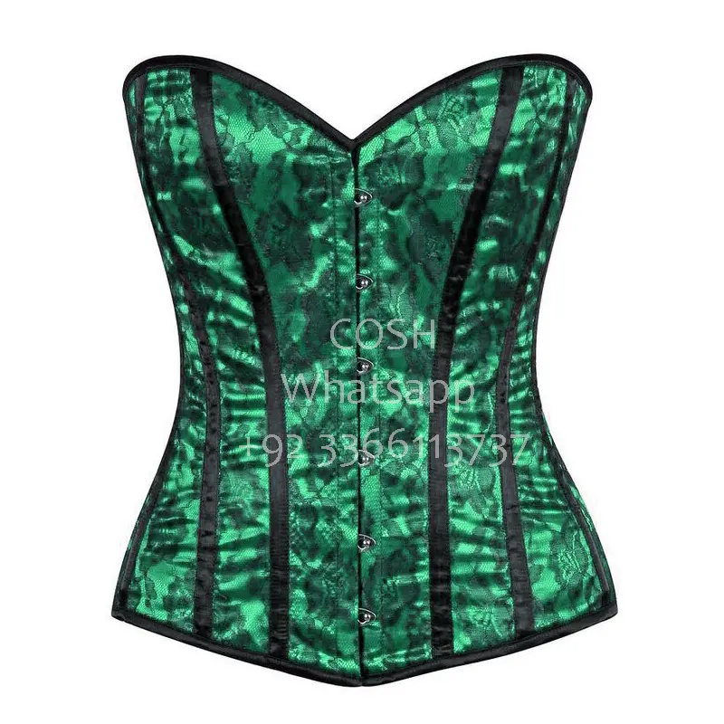 COSH CORSET Overbust Steelboned Waist Training Green Satin With Black Lace Superlay Customized Plus Size Party Wear Corset Top