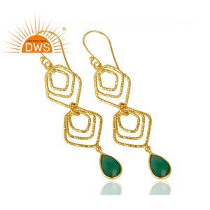 Boucles d'oreilles crochet en argent Sterling plaqué or, bijoux de styliste, vente en gros, en Onyx vert, pierres précieuses - Product Image 3