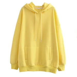 Conjunto de sudadera de algodón con capucha para mujer, jersey de talla grande con forro polar de color amarillo, a la moda