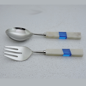 Stylish Designer Handmade Customised Marble Stone & Stainless Steel Made White Colour Salad <b>Server</b> 12 Inches - Product Image 4