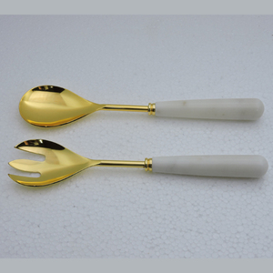 Mango plano de resina de mármol con forma Rectangular, acero inoxidable con servidor de ensalada chapado en oro - Product Image 3