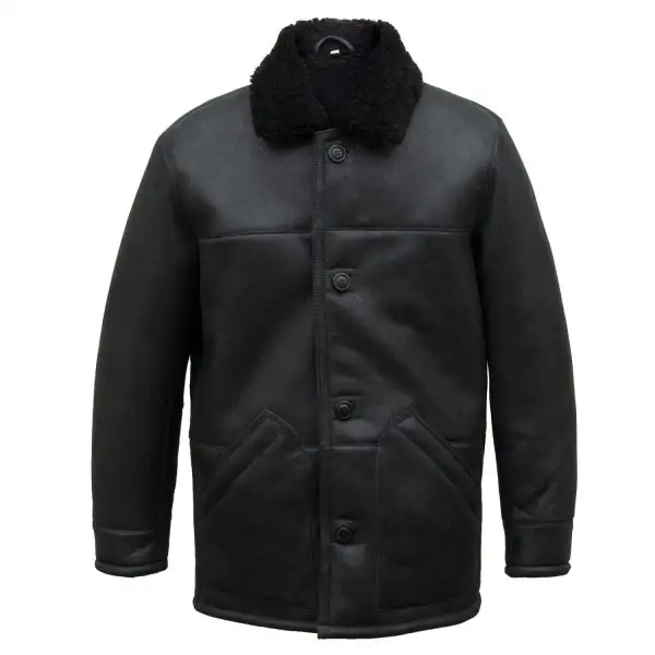 Men's Black Color Genuine Sheepskin Leather Coat With Fur