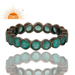 Hot Glowing Aqua Chalcedony Gemstone Ring Rhodium Plated 925 Silver Designer Eternity Band Ring Wholesale Jewelry - Product Image 2