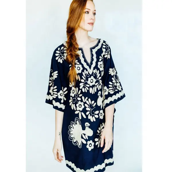 Großhandel Bester Preis Edle Boutique Mexikanische Stickerei Frauen Tuniken Pfau Böhmische Zigeuner Stil Kurzes Kleid Baumwolle Tunika