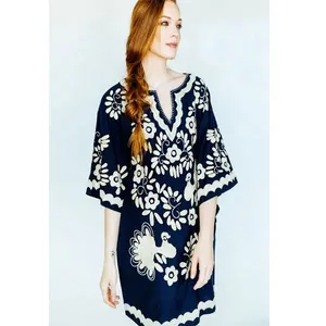 Mejor precio al por mayor Noble Boutique mexicano bordado mujeres túnicas Pavo Real Bohemia estilo vestido de Túnica de algodón