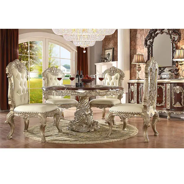 Conjunto de mesa de comedor de estilo europeo, muebles de comedor de estilo francés real hechos a mano, Blanco antiguo clásico, elegante