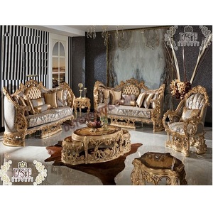 Juego de Sofás de Madera de Teca Tallada a Mano Estilo Italiano, Juego de Sofás Europeo de Lujo con Tallados Intrincados, Juego de Sala de Estar con Acabado Dorado Brillante, EE. UU. - Product Image 1