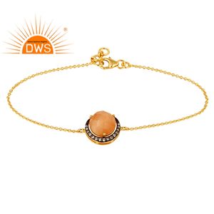 Pulsera de plata con piedra lunar de melocotón y circonia blanca para mujer, joyería chapada en oro de 18k 925, fabricante de joyería - Product Image 1