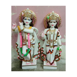 Estatua de mármol blanco Radha Krishna, colorida - Product Image 1
