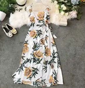 Nouvelle robe bohème longue une pièce pour la plage d'été 2019 sans manches avec ceintures femmes robe maxi