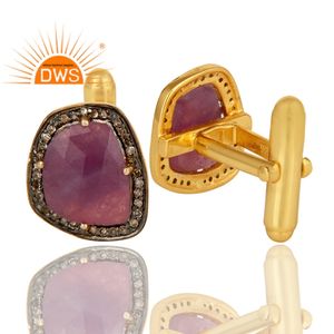 925 Sterling Silver Gold Plated Natural Pave Diamond & Ruby Gemstone Cufflink For Men's Diamond Jewelry Manufacturer - Product Image 3