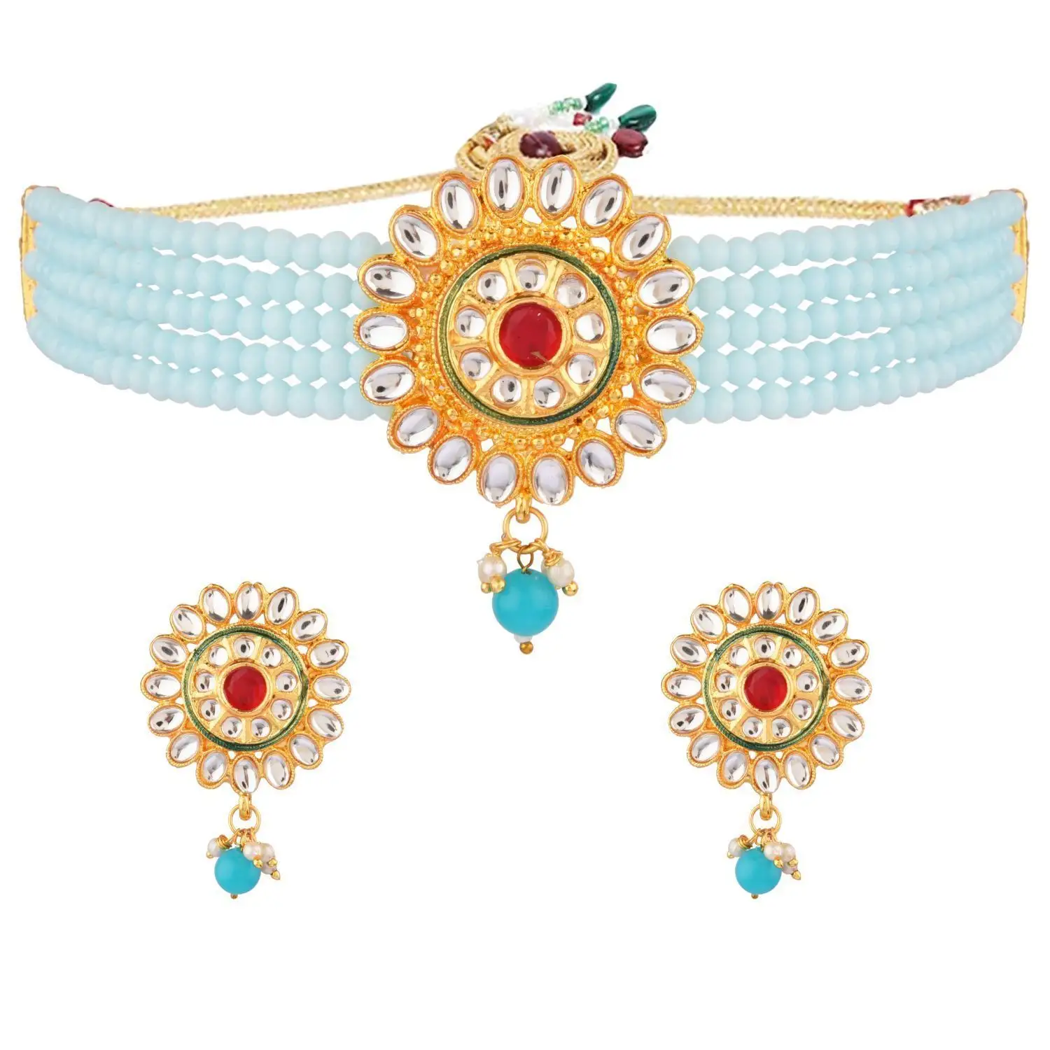 Traditionelle Kundan Choker Schmuck Kristall Faux Perle Perlen Braut Halskette Ohrringe Set Großhandel, Himmelblau