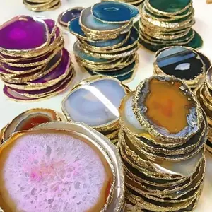 Wholesale Assorted Agate Coaster With Golden Electroplated Trim for table and home decoration Agate Coasters for sale