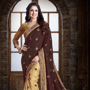 Bollywood Designer Impression Numérique Saree Couleur Marron avec Miroir Travail Fleur Conception Doux Soie Viscose/Rayonne Blouse Indian Apparel - Product Image 1