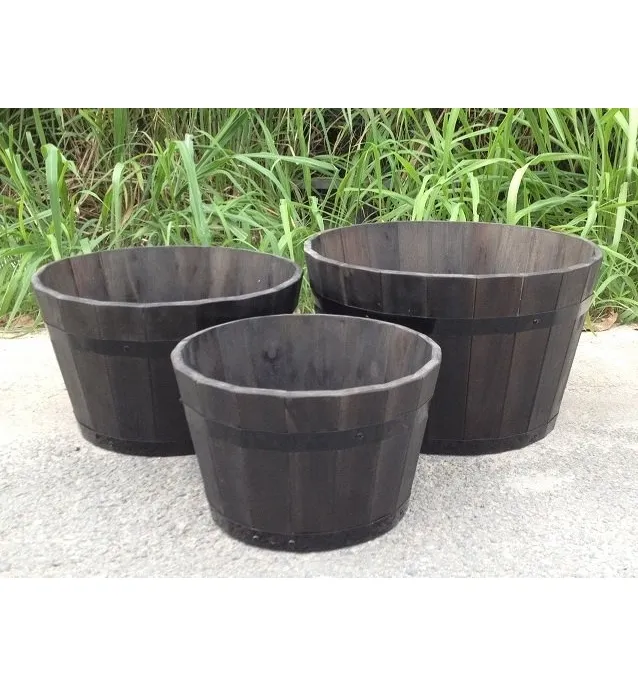 Wooden Barrel Set of 5 Antique Wooden Pots for Garden Balcony Flower Planting Outdoor Wooden Planter Wooden Bucket for Sale