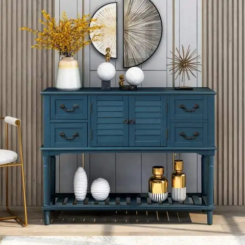 Sideboard for Entryway Buffet Table Storage Drawers Solid Wooden Console Sofa Table with Shutter Doors and 4 Kitchen Cabinet