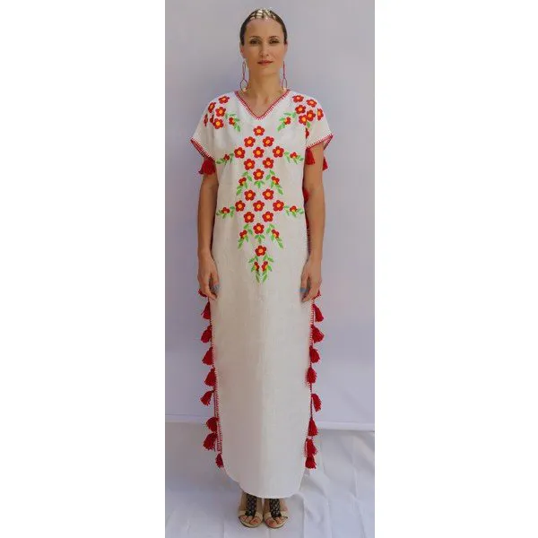 Bulk Wholesale Good Quality Decoration Slit India Manufacture Kaftan Dress Loose Holiday Beach Floral Embroidery Cover Up Dress