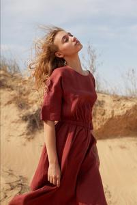 Maroon Linen A-Line Midi <b>Dress</b> O-Neck Short Sleeve <b>Elastic</b> Waist Regular Fit Formal Summer Woven Solid Color Breathable Cotton - Product Image 4