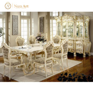 Ensemble de table à manger classique française à hauteur réglable, 6 places, chaises de salle à manger en bois antique pour meubles de maison - Aqma Furniture - Product Image 5