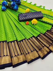 Saree de seda Jacquard de algodón con contraste, elegante, Pallu, tussle y Heavy Jacquard, blusa tejida de contraste, precio bajo - Product Image 5