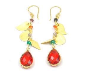 Nouveau design de perles de pierres précieuses en quartz rouge en forme de poire plaqué or bijoux breloque ensemble de boucles d'oreilles en forme de double pierre - Product Image 1