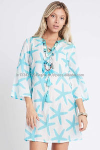 เดรสสั้นของผู้หญิง,เดรสมินิเดรสคลุมสะโพกปักลายสีเทอร์ควอยซ์สตาร์พิมพ์ลายสไตล์รีสอร์ทมีสไตล์สีสดใส - Product Image 2