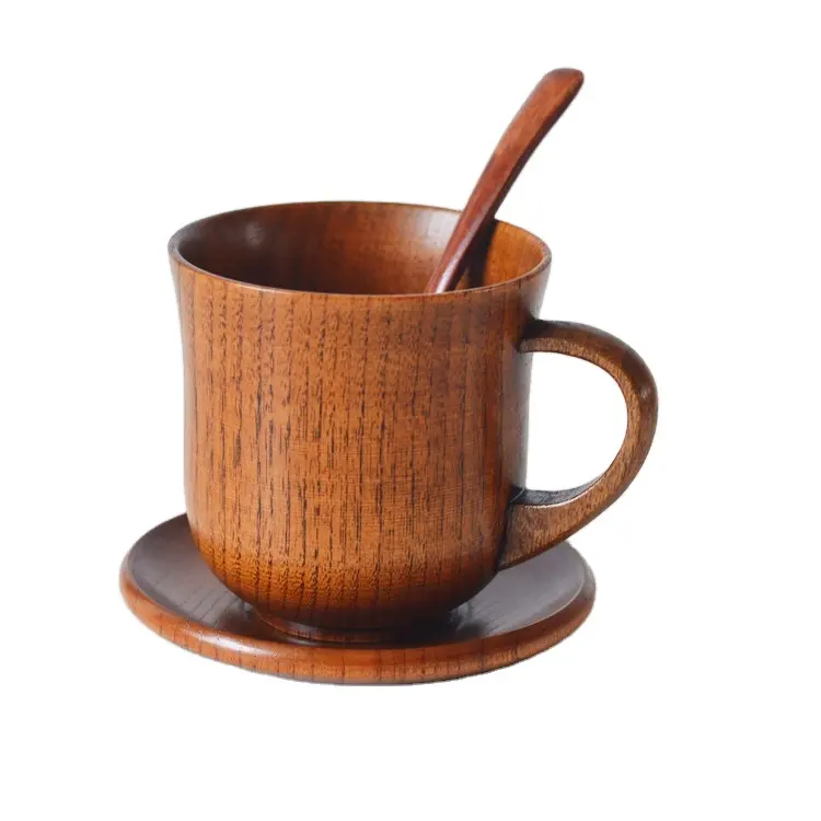 Umwelt freundliche handgemachte hölzerne Tee tasse oder Suppe mit Teller löffel zum Servieren von Suppen Kaffee Brauner grüner Tee
