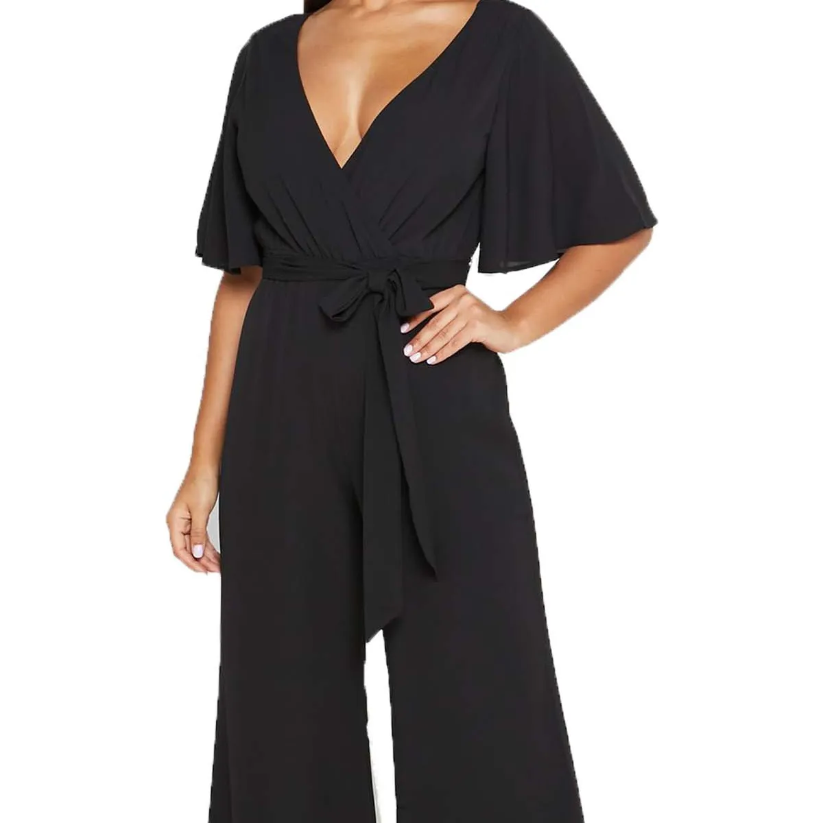 Hot Selling Amazon Best Black Plunge Neck Wide Legged Jumpsuit High Quality Breathable Plus Size Bodysuit Jumpsuits for Women