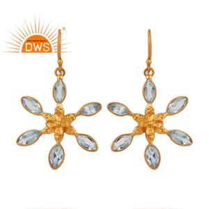 <b>Blue</b> <b>Topaz</b> Gemstone Dangle <b>Earrings</b> Jewelry Wholesale Floral Design 18k Gold Plated 925 Silver Jewelry Supplier - Product Image 1