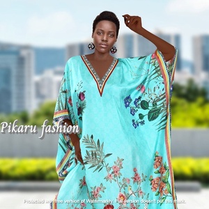 Kaftan เดรสผ้าซาตินแขนยาวลายดอกไม้โบฮีเมียน,ชุดกระโปรงยาวคอวีไซส์ใหญ่พิเศษใส่ลำลองงามสง่าสำหรับฤดูร้อน - Product Image 3