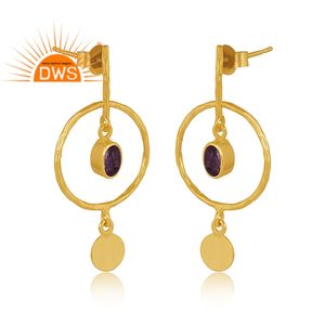 Boucles d'oreilles vintage en argent Sterling plaqué or 14k, fabrication de bijoux, pierre précieuse d'améthyste à coupe naturelle, 1 paire - Product Image 2