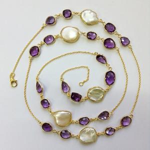 Everyday Wear 925 Sterling Silver <b>Gold</b> Plated Amethyst Cut and Baroque Pearl 90 cms. <b>Long</b> <b>Chain</b> <b>Necklace</b> - Product Image 5