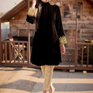 2021 BEAUTIFUL EMBROIDERY SLEEVES PLAIN KAMEEZ <b>PANT</b> DRESS O-Neck Lace Button Decoration for Party-Wear Wedding Natural Waistline - Product Image 1