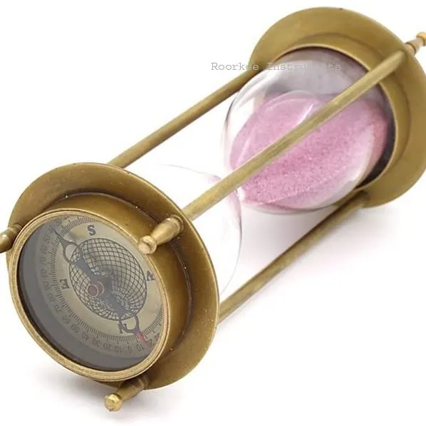 5 Minutes Antique Nautical Brass 5" Sand Timer With Both Ends Side Directional Compass- An Hour Glass Desktop Accessories