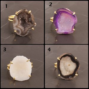 Chính hãng freeform hình dạng pha lê đen geode druzy hai lớp ban nhạc có thể điều chỉnh vòng brass 18K mạ vàng unisex mặc ban nhạc Nhẫn - Product Image 2