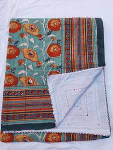 Custom Design Block Printing Fabric Bedspread Sheet With Handmade Embroidery King Size Fitted Flat Bedcover Home Bedding Sheet - Product Image 3