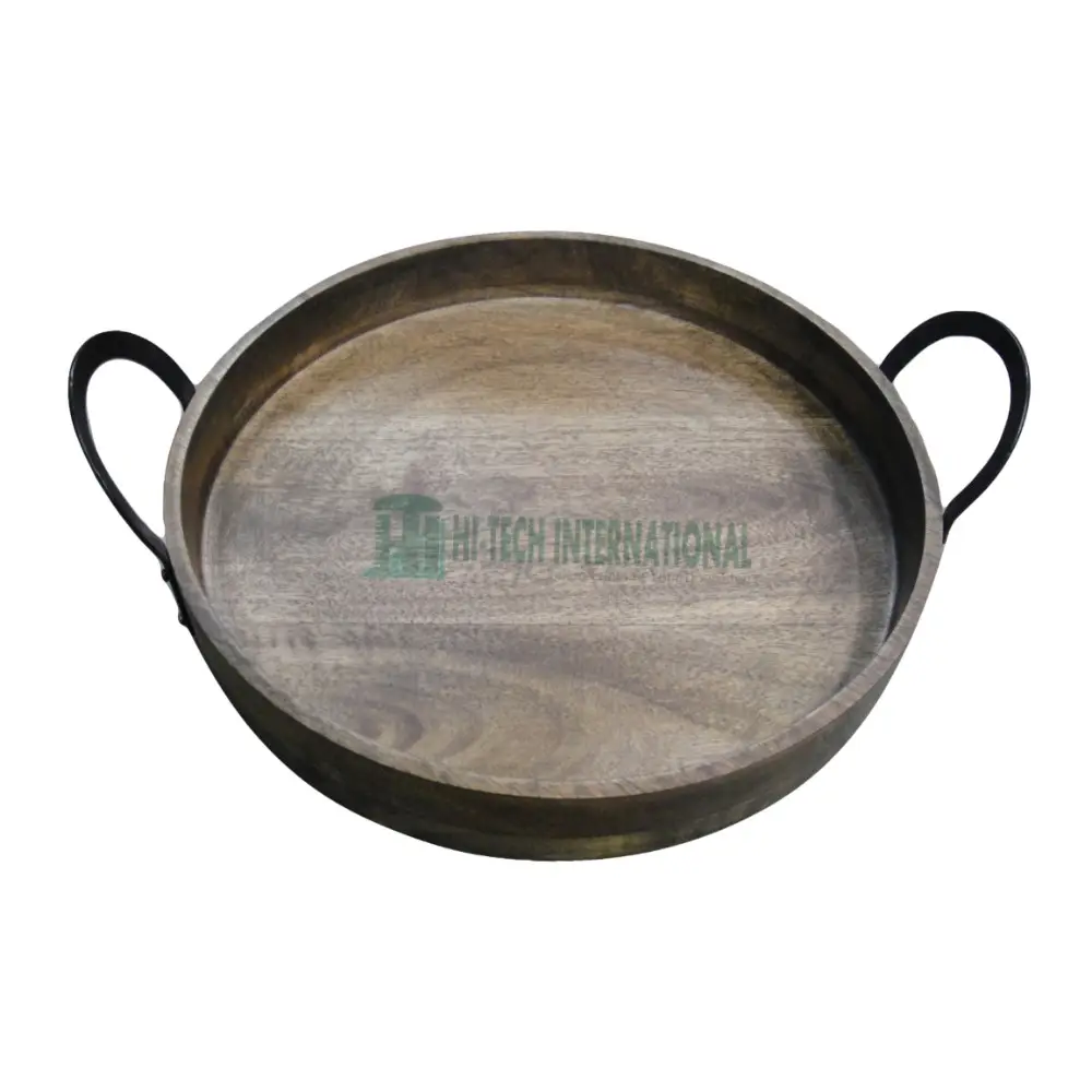 Designer Wooden Serving Tray - Round - Mango Wood - Multi Purpose Use - Natural Color - Metal Handles - Hi-tech International