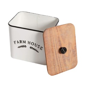 Contenedor de almacenamiento galvanizado de Metal de diseño antiguo Caja de almacenamiento de utensilios de cocina Recipiente con tapa de madera Hecho a mano en la India - Product Image 1