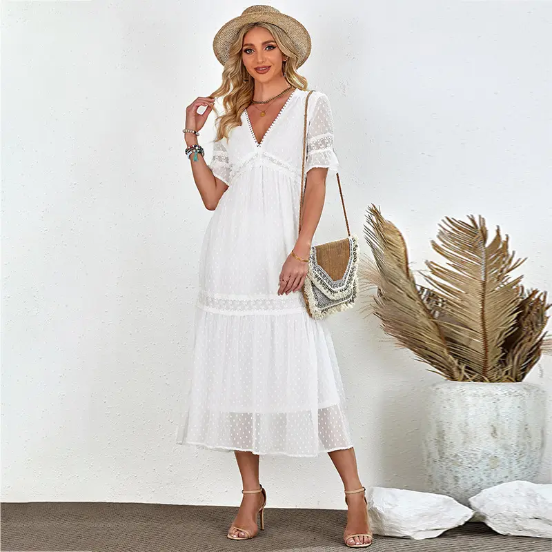 Chiffon Summer New Style Bohemian Short-Sleeved lace Stitching Cut Flowers White V-Neck One-Piece Dress