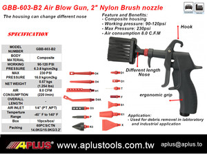 Pistola de Aire Comprimido APLUS GBB-603-B2 con Boquilla de Cepillo de Nylon de 2 Pulgadas, Carcasa Compuesta, Personalizable OEM, Certificación ISO9001, 1 Año de Garantía, 230 PSI - Product Image 2