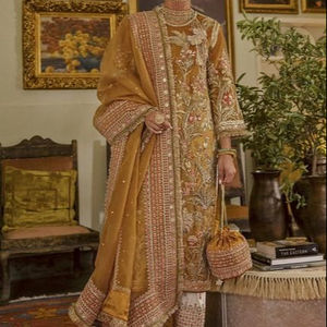 2021 à la mode broderie lourde longue Kurta main Zardozi travail beau diamant-dentelle pantalon naturel fête/quotidien porter dentelle à paillettes - Product Image 1