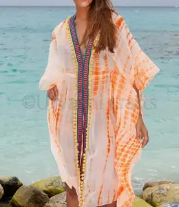 Mais recente designer de bordados kaftan v-decote metade mangas tie dye folgada Indiano beach wear kaftans batik