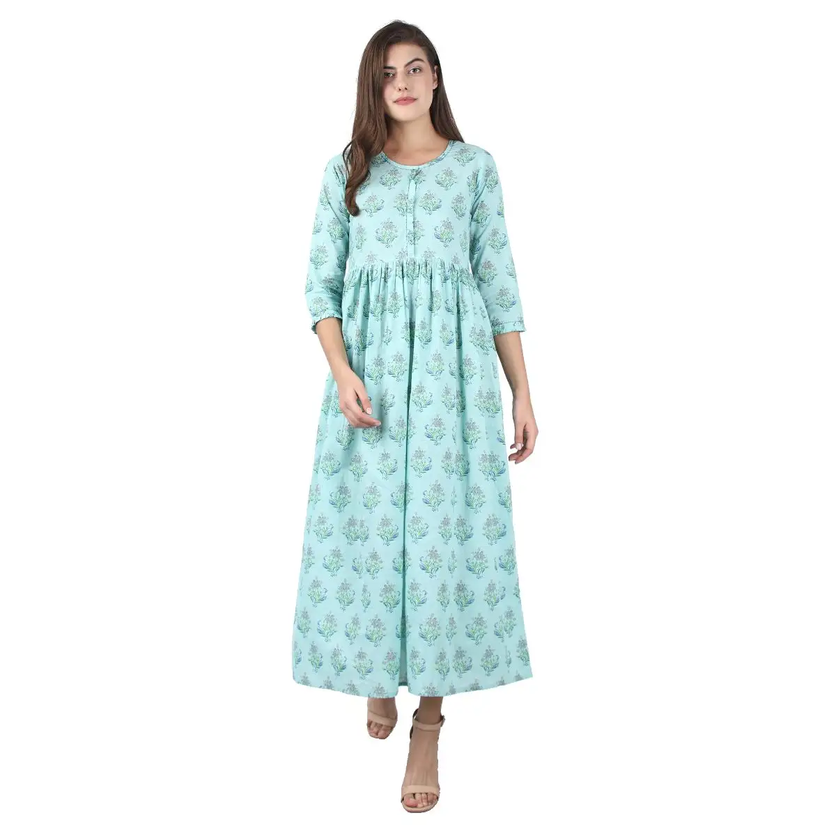 Sea Green Printed Ankle Long Ethnic Dress - Indian Designers Cotton Casual Dresses Formal Evening Party Latest Dress Designs