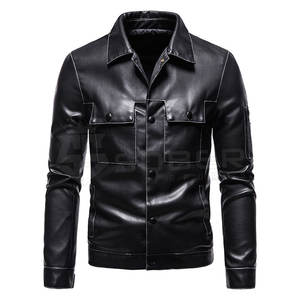 Veste en cuir mince d'hiver pour hommes, couleur unie noire avec tissu en toile pour les saisons froides - Product Image 2