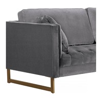 Canapé en velours gris avec coussins, accoudoirs carrés, assise capitonnée, pieds dorés, style moderne pour salon, vente en gros, directement de l'usine