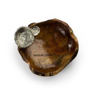 Bol en bois incurvé fantaisie avec conception d'attache de feuille en métal vaisselle antique bols de service de Dessert alimentaire bols de service de fruits secs - Product Image 6