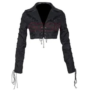 Schwarzer Brokat und Leder kragen Frauen Bolero Top Jacke Lieferant